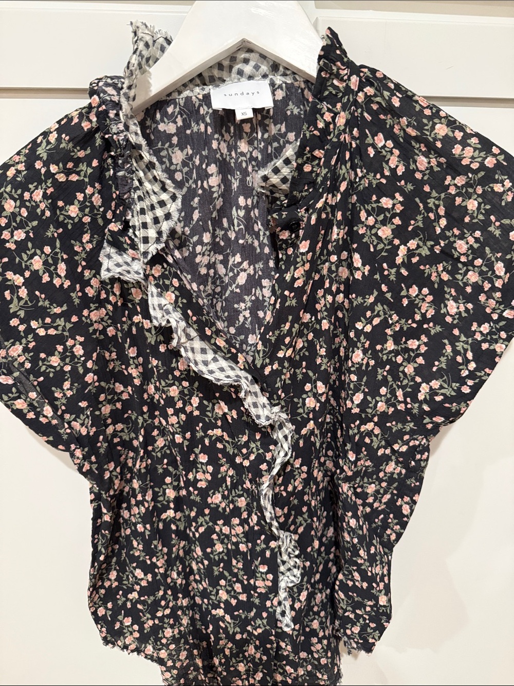 sundays Black Floral Button-Front Blouse with Gingham Trim